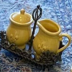 ISO Artimino Fleur de lis Yellow Ceramic Sugar and Creamer Set w/or w/o Holder